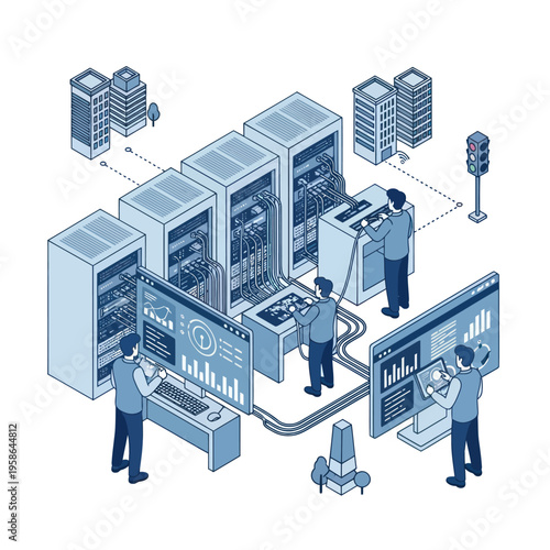 Isometric Data Center Management with Engineers and Cityscape.