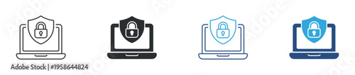 Cyber security and data protection icon set. Laptop with shield and padlock, online privacy and secure system concept. Vector illustration.