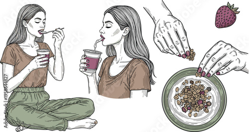 Vintage Hand Sketched Healthy Lifestyle Vector Set Featuring Woman Eating Smoothie Bowl and Granola Preparation with Etched Texture for Wellness Branding and Nutrition Graphic Designs