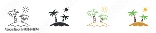 Tropical island and summer vacation icon set. Palm trees, beach landscape and holiday travel concept. Vector illustration.