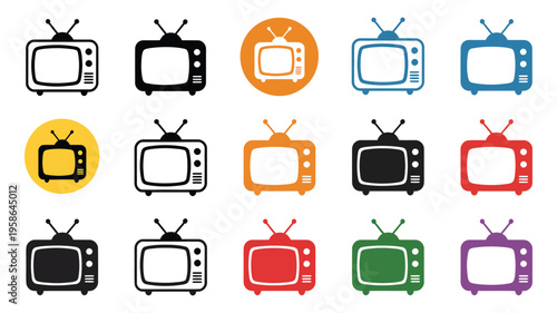 Retro Television Icons, colorful flat and line art vector illustrations of old analog TV sets with antennas and knobs for media concepts graphic design flat minimal style isolated on white background