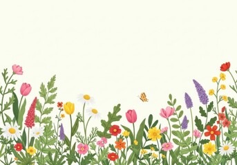 Colorful floral border with butterfly on cream background