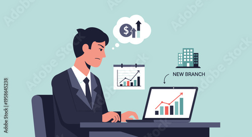 Flat minimalist illustration of entrepreneur planning expansion budget b