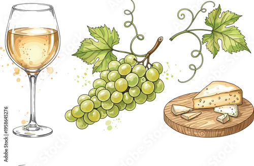 Vintage Hand Sketched White Wine and Cheese Board Vector Set Featuring Green Grapes with Vines Glass of White Wine and Blue Cheese for Luxury Gourmet Branding and Vineyard Graphic Designs