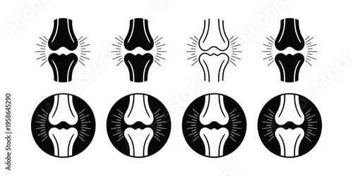 Knee joint pain icons set, human anatomy vector symbols showing knee bones and joint stress, minimalist and clear illustrations suitable for healthcare, physiotherapy, and educational medical graphics