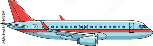 Cartoon commercial airplane vector illustration with blue fuselage, red stripe, tail fin, wing tips, passenger windows, engines, and cockpit design for travel, aviation, and transportation themes