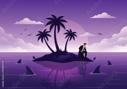 Stressed businessman stuck on small desert island with sharks representing business crisis and risk