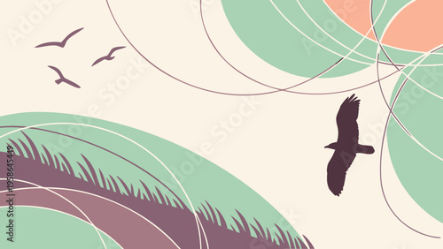 Abstract landscape with flying birds in pastel colors smooth curves and minimal shapes creating calm modern nature scene