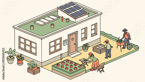 Modern eco house with solar panels garden and people practicing sustainable lifestyle with recycling composting and urban gardening in clean minimal style