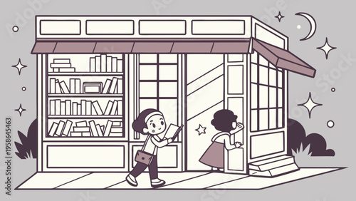 Cozy bookstore storefront at night with people entering warm lit shop surrounded by bookshelves minimal line art illustration
