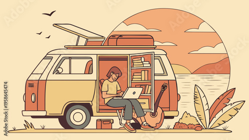 Retro camper van parked near beach with person relaxing and working on laptop warm sunset scene in flat illustration style