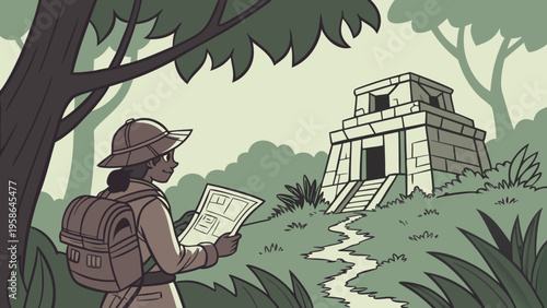 Explorer in jungle discovering ancient temple ruins with map adventurous travel and archaeology concept in flat illustration style
