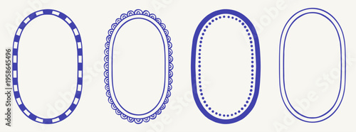 Set of four blue oval frame outlines with checkered, scalloped, dotted, and double line borders. Elegant decorative collection isolated on a light background for labels, cards, invitations, and tags.