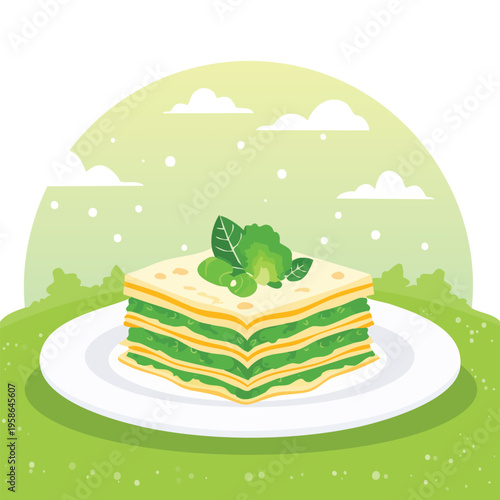Delicious layered lasagna on a plate with fresh basil illustration