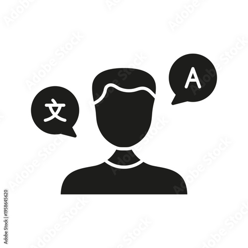 Person With Language Speech Bubbles Solid Icon. Multilingual Communication And Translation Silhouette Symbol. Language Learning And Interpretation. Isolated Vector Illustration