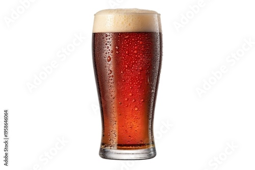 Refreshing amber ale in a tall glass isolated, cold beer with foam head and condensation for summer refreshment