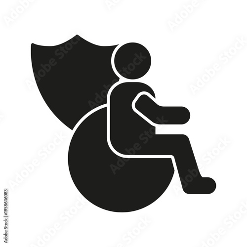 Person In Wheelchair With Shield Solid Icon. Disability Protection, Safety, And Accessibility Assurance Silhouette Symbol. Healthcare And Support Services. Isolated Vector Illustration