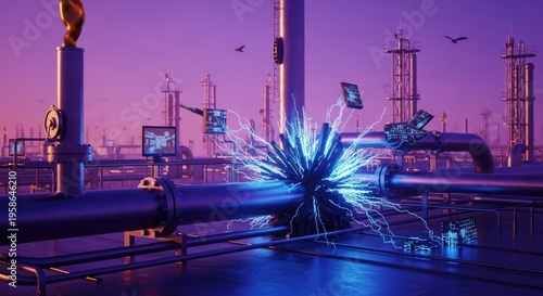Industrial pipeline electrical surge digital data overload concept art
