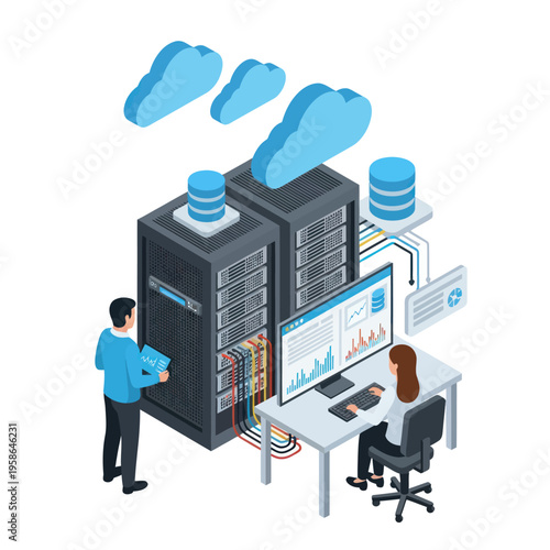 Isometric Cloud Computing and Data Center Management Illustration.