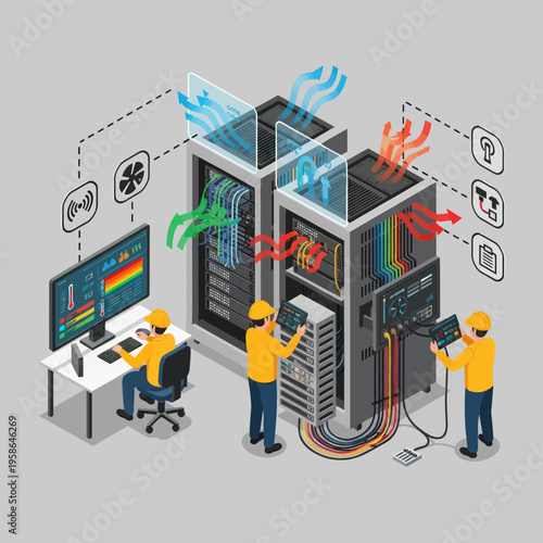 Isometric Data Center Illustration - Engineers Managing Servers and Network Infrastructure.