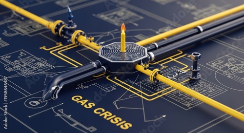 Gas pipeline network with lit candle symbolizing gas crisis and engineering plan
