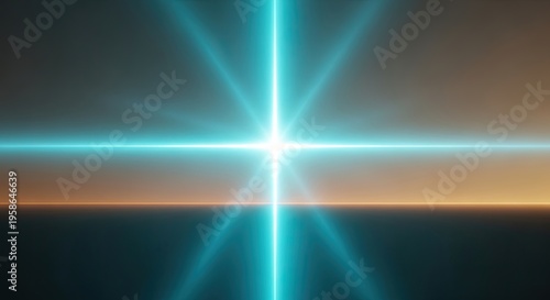 Cyan glowing cross shape with light rays on gradient background