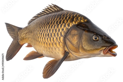 Vibrant common carp fish with shimmering golden scales, a freshwater aquatic animal, captured in a detailed side view, isolated PNG