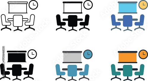Boardroom Icon, vector illustration showing stylized conference table chairs projector screen and clock representing meetings team collaboration flat minimal design isolated on white background