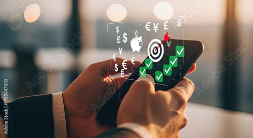 Person using smartphone for financial goals with currency symbols and target icon