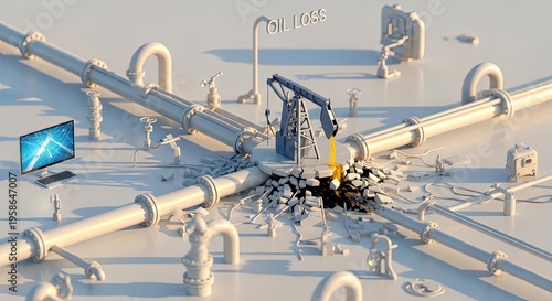 3D render of oil pump jack breaking through pipeline with text Oil Loss