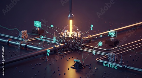 Futuristic gas network system with glowing data and Gas Drop text