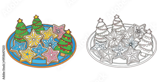 Christmas decorated cookies on a plate, colorful and black and white line art vector illustration for coloring book