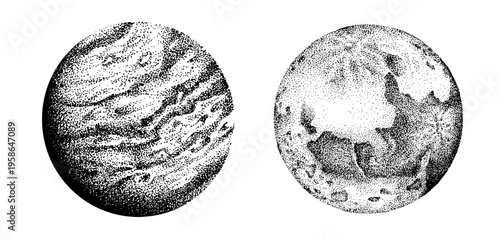 Jupiter and Moon Stippling Style Space Illustration Vintage Astronomy Vector