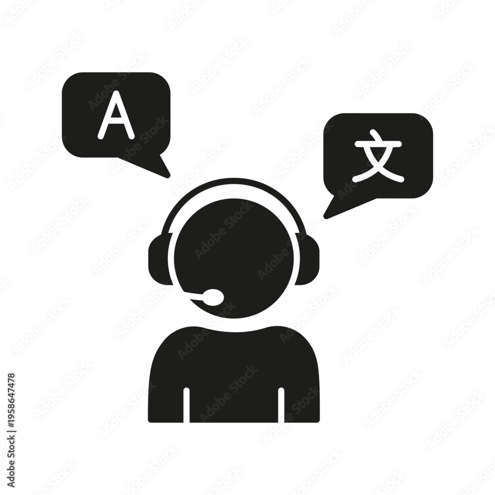 Obraz premium Interpreter With Headset Solid Icon. Language Translation And Multilingual Communication Silhouette Symbol. Customer Support And Global Interaction. Isolated Vector Illustration