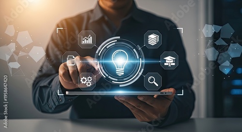 Man touching tablet displaying innovation and ideas hub