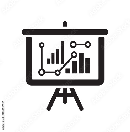 A black and white icon of a presentation screen with graphs