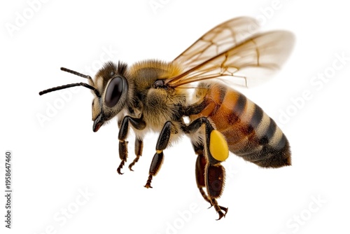 Detailed macro shot of a honey bee in flight, its fuzzy body and transparent wings clearly visible