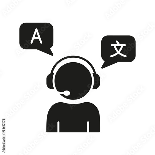 Interpreter With Headset Solid Icon. Language Translation And Multilingual Communication Silhouette Symbol. Customer Support And Global Interaction. Isolated Vector Illustration