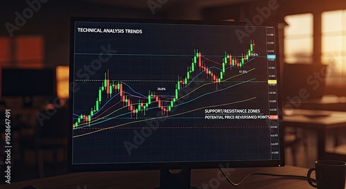 Computer screen displaying stock market technical analysis with trend lines