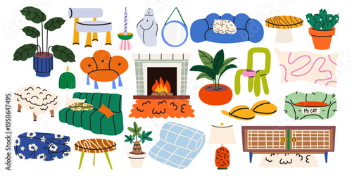 Big set of cozy home interior elements in cartoon retro style. Furniture, fireplace, plants, sofas, lamps and home decor. Vector illustration of modern living room objects for stickers, prints