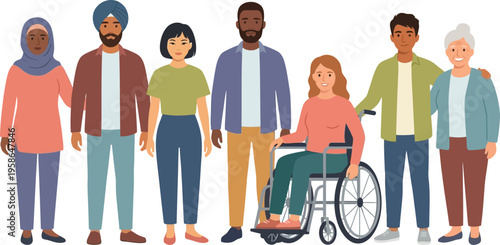 Diverse group of happy people stands together showing community inclusion.