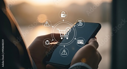 Phone displaying shopping cart with e-commerce error icons