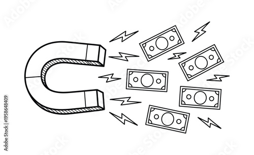 Magnet attracts money, representing financial gain, investment, and business growth, playful and creative design for marketing, finance