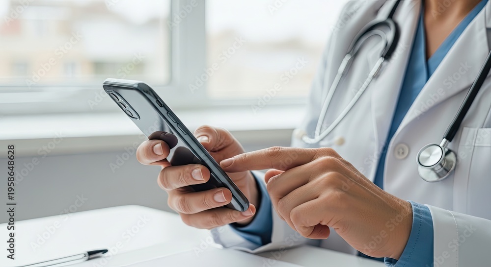 Fototapeta premium Doctor using smartphone with medical app interface