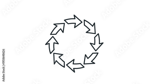 Continuous recycling cycle or repetitive process workflow represented by eight arrows organized in a perfect circle.