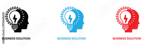 3D business solution concept with illuminated lightbulb heads and innovation ideas for success