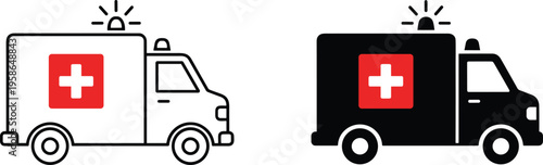 Ambulance medical emergency icons in outline and filled silhouette style, featuring red cross symbol and siren light for healthcare, hospital, rescue, and urgent services