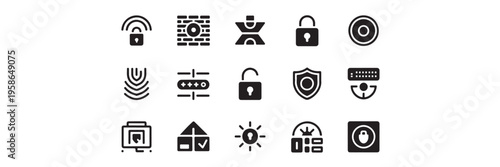 Set of security and smart home icons including padlocks, fingerprint, firewall, password, and surveillance camera
