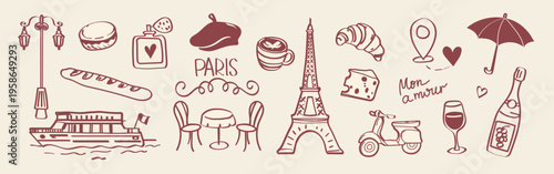 Hand drawn Paris doodle vector set with French cafe elements, wine, croissant, scooter and romantic travel symbols. Perfect for travel posters, branding, invitations and lifestyle design