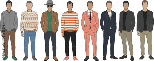 Set of diverse men in modern fashion outfits including casual sweaters bomber jackets and formal suits for male lifestyle clothing brand and user persona flat vector illustration